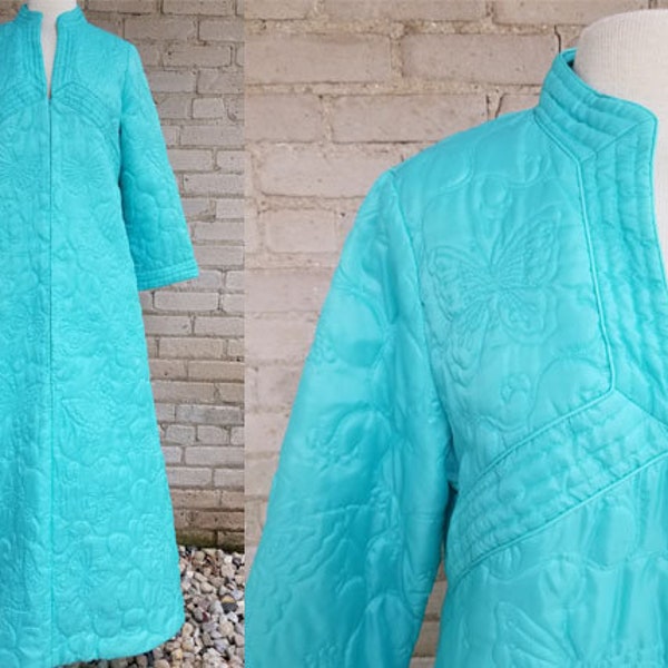 1960s M/L quilted butterfly robe turquoise / 1960s quilted robe / 60s robe / 60s qulited robe / Butterfly robe / Medium / Large