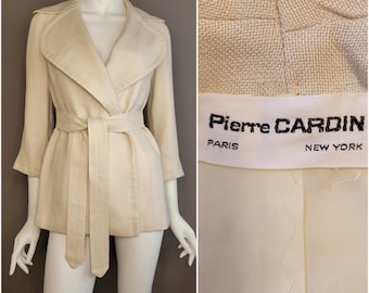 Chaqueta cruzada de rayón/lino con solapas anchas de Pierre Cardin, años 60 y 70. Talla S-M 33-36B / Diseñador Pierre Cardin / Chaqueta Pierre Cardin, años 60 y 70.