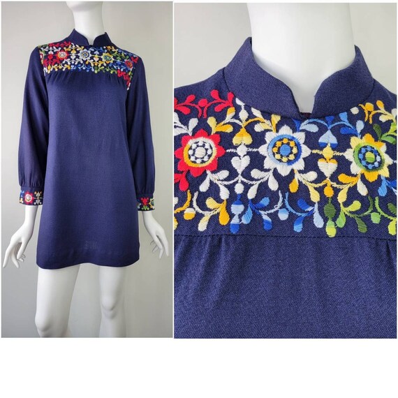 Vintage 1960s floral embroidered mini dress Size … - image 1