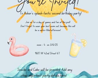 Uitnodiging zwembadfeest! Uitnodiging voor verjaardagsfeestje! Vierkante uitnodiging.