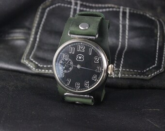 Montre Mécanique Vintage Militaire Des Années 1930 - Mouvement Suisse, Fonctionne, Or Et Cuir