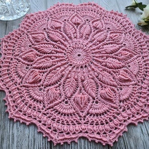 Round Pink Crochet Doily, Textured Cotton Doily, Home Decor, Crochet Centerpiece Mat, Round Lace Placemat, Flower Design Doily, Table Cover
