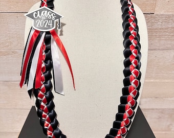 Black, White & Red Satin Ribbon Lei with Class of 2024 graduation cap! Choose your Length with Short, Standard and Long length options