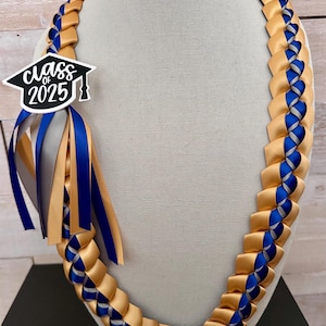 Choose 2 Colors + Gray/Silver Background Hand-Braided Satin Ribbon Lei with Class of 2025 graduation cap tag - 3 color combination
