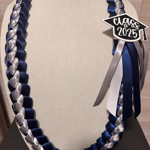 Choose 2 Colors + White Background Hand-Braided Satin Ribbon Lei with Class of 2025 graduation cap tag - 3 color combination