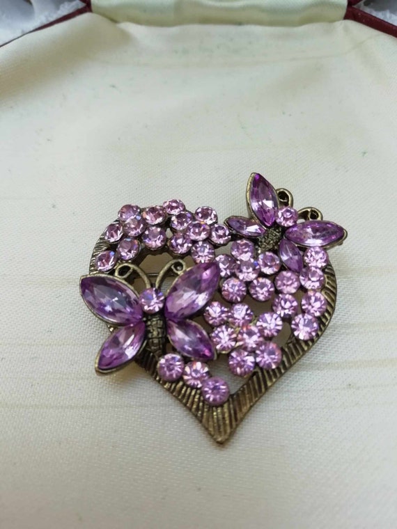 Vintage Pink Rhinestone Heart Brooch with Butterf… - image 1