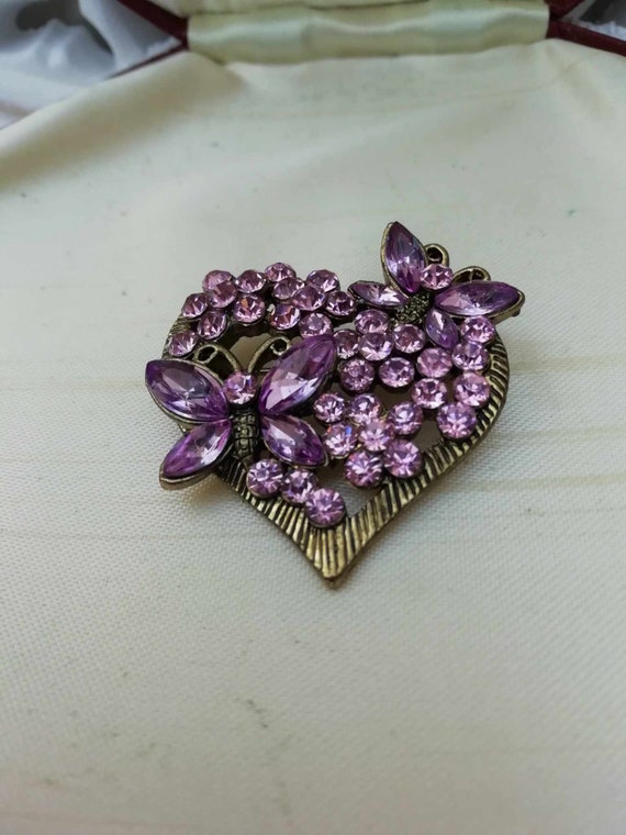 Vintage Pink Rhinestone Heart Brooch with Butterf… - image 4