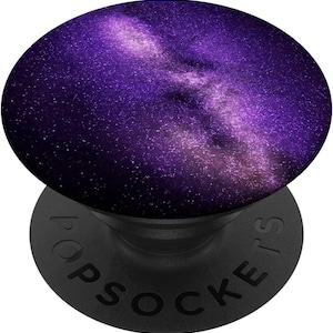 May include: Purple galaxy phone grip with a black base and the word "POPSOCKETS" printed on the base.