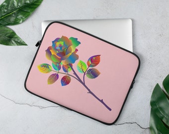 Laptop Sleeve Rainbow Rose on Pink Background 13" 15"