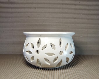 Ceramic pot for orchids. Handmade. Floral ornament. Fully glazed. Light holes.