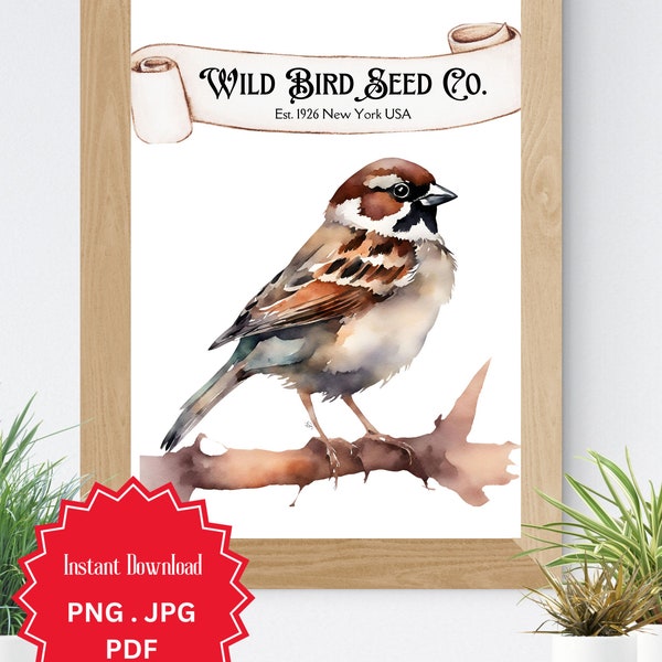 Bird png, Vintage Decor, Farmhouse, Garden Plaque, Printable Wall Art, Commercial Use, Digital Art Print, Instant Download, Sparrow