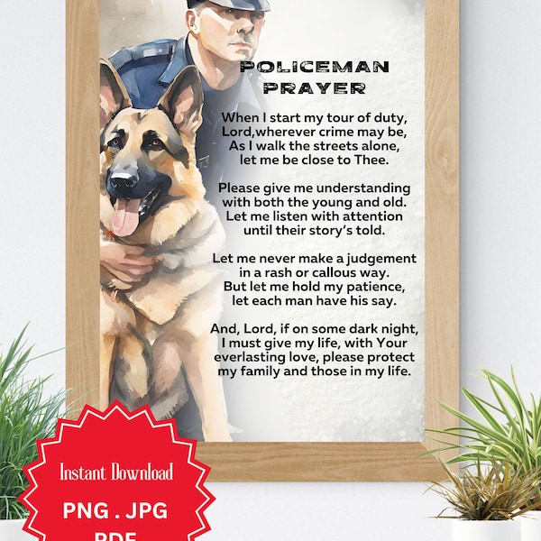 Police Officer Prayer, Policeman Gift, Watercolor Wall Art, Police Man Prayer, Wall Print, Christian Gift, Digital Download, K9