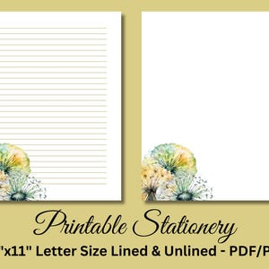 Papel de carta para impressão, papelaria para impressão, papelaria, papel de carta botânico, conjunto de escrita floral, dente-de-leão, download instantâneo