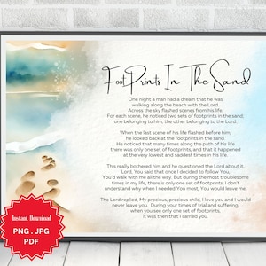 Footprints In The Sand, Christian Wall Art, Footprints In Sand, Footprints Poem, Digital Download, Watercolor Beach, Horizontal