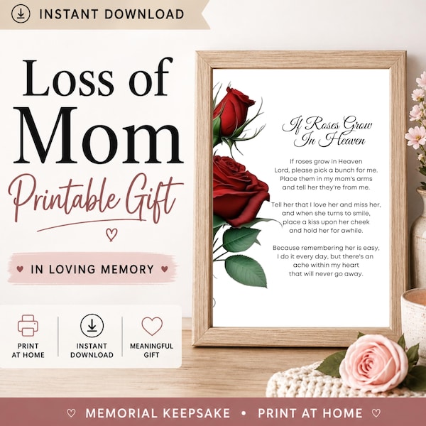 Loss of Mom Printable, Mother Sympathy Print Gift, In Loving Memory, Red Roses, Download