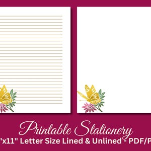 Papel de carta para impressão, Papelaria para impressão, Papelaria, Papel de carta com letras botânicas, Conjunto de escrita, Borboleta em folha metálica, Download instantâneo