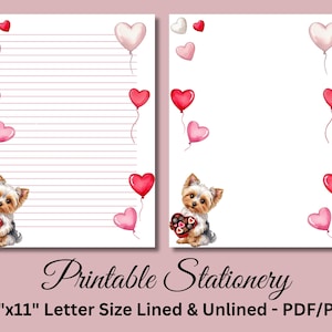Papel de carta imprimible, papelería imprimible, lindo papel de carta para el día de San Valentín, juego de escritura, Yorkie Terrier, descarga instantánea