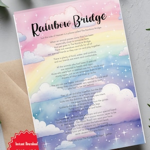 Könnte beinhalten: Eine Aquarell-Illustration einer Regenbogenbrücke mit Wolken und Sternen. Der Text beschreibt einen Ort namens Regenbogenbrücke, an den Haustiere gehen, nachdem sie gestorben sind. Der Text besagt, dass Haustiere dort glücklich und gesund sind und mit anderen Haustieren rennen und spielen können. Der Text besagt auch, dass Haustiere ihre Besitzer vermissen und dass sie eines Tages wieder mit ihnen vereint sein werden.