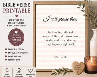 Bible Verse Printable Christian Art, Psalm 139:14 KJV Scripture Print, Blush Pink Stripes Home Decor, Instant Download