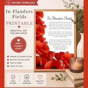 Può includere: Stampa incorniciata con la poesia "In Flanders Fields" e illustrazioni di papaveri rossi. La stampa include il testo della poesia ed è etichettata come "Stampabile" e "Bella arte per ogni spazio".
