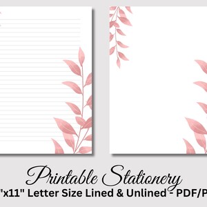 Papel de carta para impressão, papelaria para impressão, papelaria, papel de carta botânico, conjunto de escrita, folha rosa, download instantâneo
