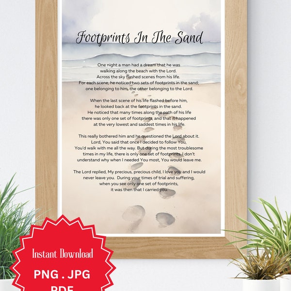 Footprints In The Sand, Christian Wall Art, Footprints In Sand, Footprints Poem, Digital Download, Watercolor Beach