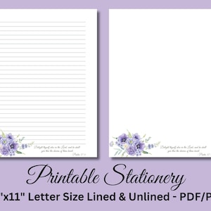 Papel para escribir imprimible, papelería cristiana imprimible, papel para escribir cartas con versículos bíblicos, juego de escritura, Salmo 37:4, flores moradas, descarga