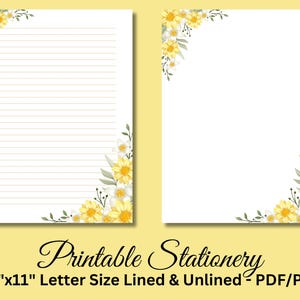 Papel de carta imprimible, papelería imprimible, papelería, papel de carta con motivos florales, juego de escritura, flores amarillas, descarga instantánea