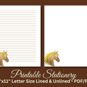 Papel de escritura imprimible, papelería imprimible, papel para escribir cartas de animales, set de escritura, caballo marrón, lámina dorada, descarga instantánea
