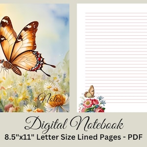 Cuaderno digital en PDF, papel imprimible, papelería floral imprimible, juego de cartas, descarga instantánea, mariposas vintage