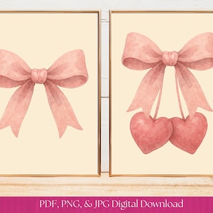 Coquette Bow Printable Wall Art, Pink Room Decor, Feminine Print, Cute Coquette Poster, Aesthetic Digital Download, Set of 2