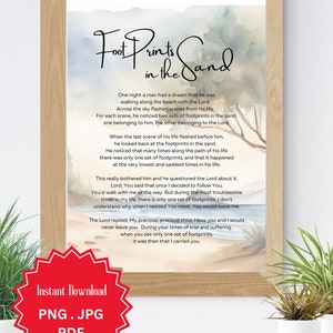 Footprints In The Sand, Christian Wall Art, Footprints In Sand, Footprints Poem, Digital Download, Watercolor Trees and Waves