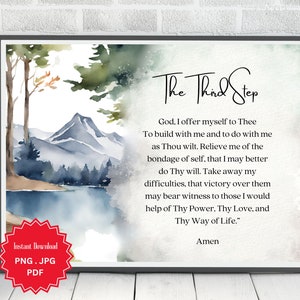Dritte Schritt Gebet, AA Gedicht, inspirierender Vers, druckbare Wandkunst, Digitaldruck, Sofort Download, Aquarell, Berg Hintergrund