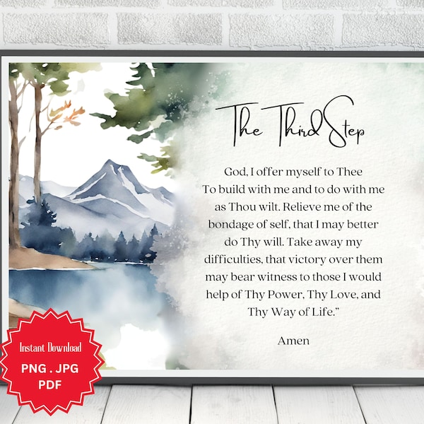 Third Step Prayer, AA Poem, Inspirational Verse, Printable Wall Art, Digital Print, Instant Download, Watercolor, Mountain Background