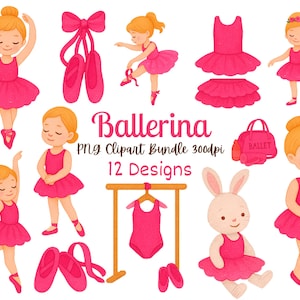 Watercolor Ballerina PNG Clipart Bundle, Hot Pink Ballet Clip Art Graphics, Instant Digital Download