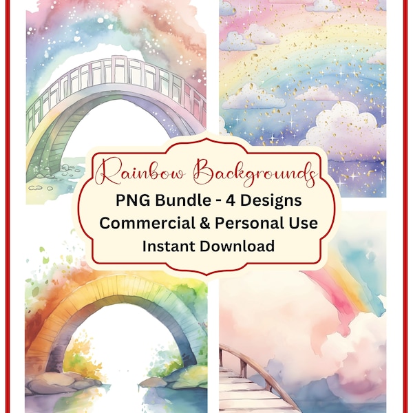 Rainbow PNG, Bridge, Backgrounds, Watercolor, Sublimation Designs, Commercial Use, Instant Download, Digital Art Print Bundle