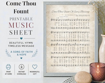 Come Thou Fount Hymn, Sheet Music Print, Christian Wall Art, Funeral Sympathy Gift, Printable Digital Download