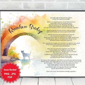 May include: A watercolor painting of a rainbow bridge with a dog running towards it. The text reads "Just this side of Heaven is a place called The Rainbow Bridge." and continues with a poem about the Rainbow Bridge.