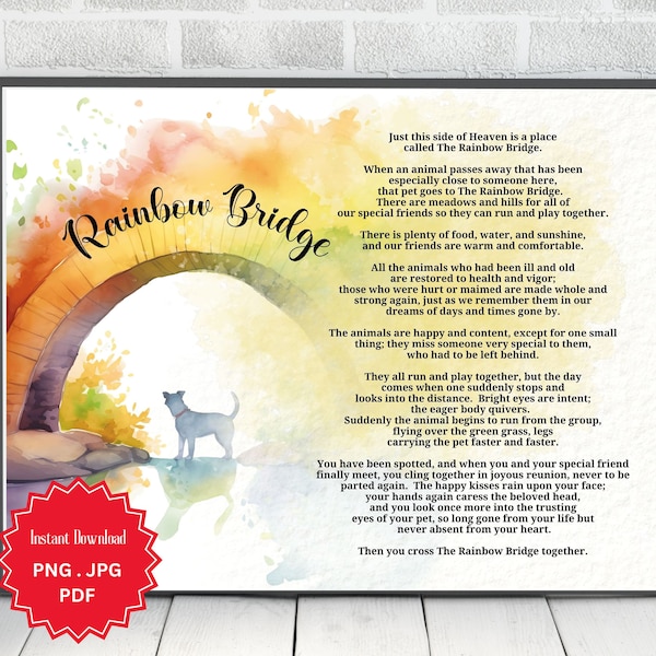 Rainbow Bridge, Dog Remembrance, Pet Sympathy Gift, Rainbow Bridge Poem, Loss Of Pet, Digital Download, Horizontal