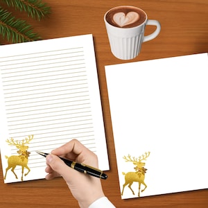 Printable Writing Paper, Christmas Printable Stationery, Letter Writing Paper, Writing Set, Reindeer, Gold Foil, Instant Download