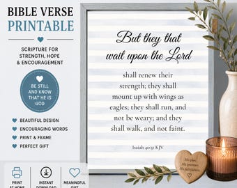 Bible Verse Printable Christian Art, Isaiah 40:31 Wait Upon the Lord, KJV Scripture Print, Dusty Blue Stripes Home Decor, Instant Download