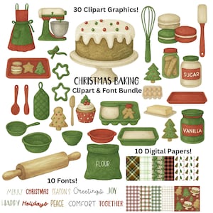 Pacote de clipart PNG de aquarela para confeitaria de Natal: fontes festivas e papel digital (baixar PNGs)