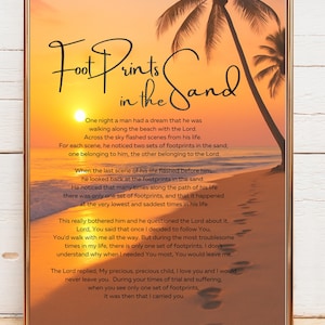 Impresión del poema &quot;Huellas en la arena&quot;: Arte mural cristiano al atardecer en la playa (descarga digital)