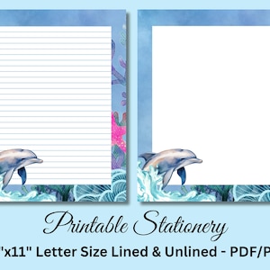 Papel para escribir imprimible, papelería imprimible, papelería, papel para escribir cartas sobre la naturaleza, juego de escritura, delfín, vida marina, descarga instantánea