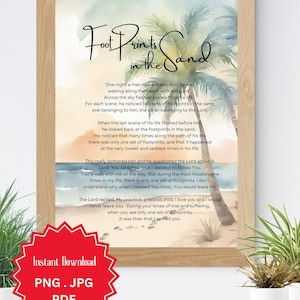 Footprints In The Sand, Christian Wall Art, Footprints In Sand, Footprints Poem, Digital Download, Watercolor Beach and Palm Tress