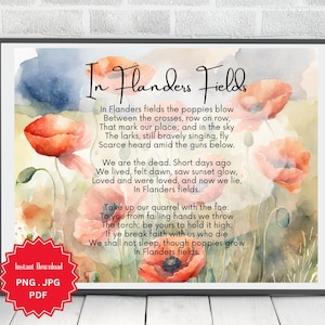In Flanders Fields, Poem, Lest We Forget, Remembrance Day, Veterans Day, Poppy Field, Digital Art Print, Instant Download, Watercolor