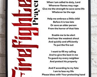 Firefighters Prayer, Firefighters Gift, Wall Art, Firemans Prayer, Wall Print, Christian Gift, Digital Download, Red