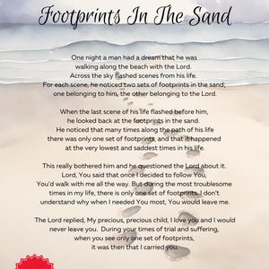 May include: A digital print featuring the Footprints In The Sand poem in black text over a watercolour beach scene with blue waves and sandy shore. A trail of footprints leads towards the horizon. A red starburst badge reads Instant Download PNG JPG PDF.