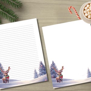 Afdrukbaar briefpapier kerstrendier, gelinieerd en ongevoerd (direct downloaden)