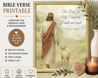 Psalm 23:1 KJV Printable Art, The Lord Is My Shepherd Bible Verse Print, Christian Watercolor Jesus & Lamb Artwork, Scripture Decor